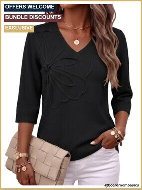 Rapbin Womens V Neck 3/4 Sleeve Knit Sweater 3D Floral Detail